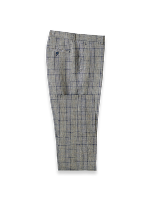 Plaid Linen Flat Front Suit Pants - Tan/blue Plaid