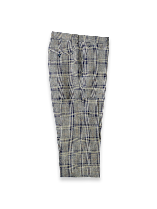 Plaid Linen Flat Front Suit Pants - Tan/blue Plaid
