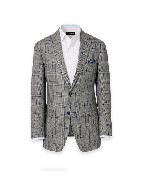 Plaid Linen Single Breasted Notch Lapel Suit Jacket - Tan/blue Plaid