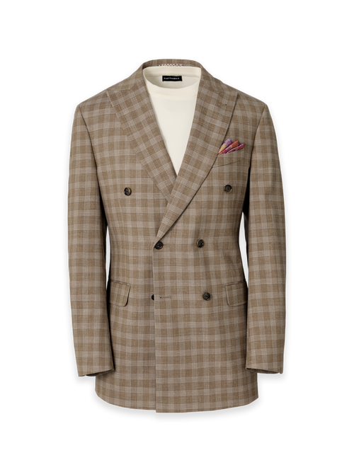 Plaid Wool Blend Double Breasted Peak Lapel Suit Jacket - Brown Plaid