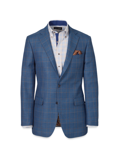 Blue/Tan Wool Blend Plaid Single Breasted Notch Lapel Suit Jacket - Blue/tan