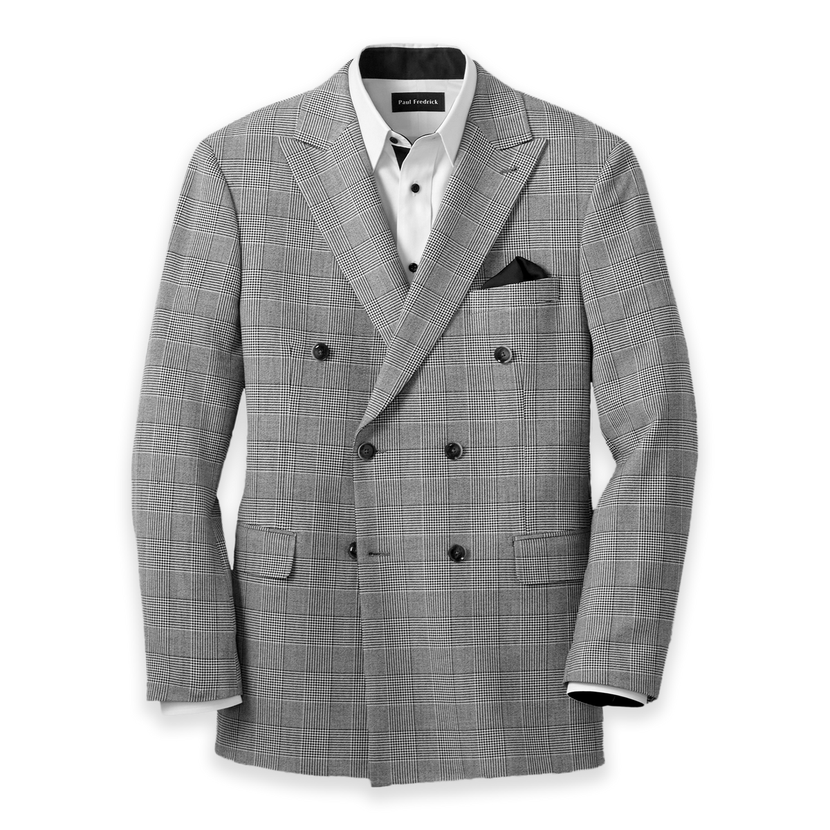 Plaid Houndstooth Double Breasted Peak Lapel Suit Jacket - Black