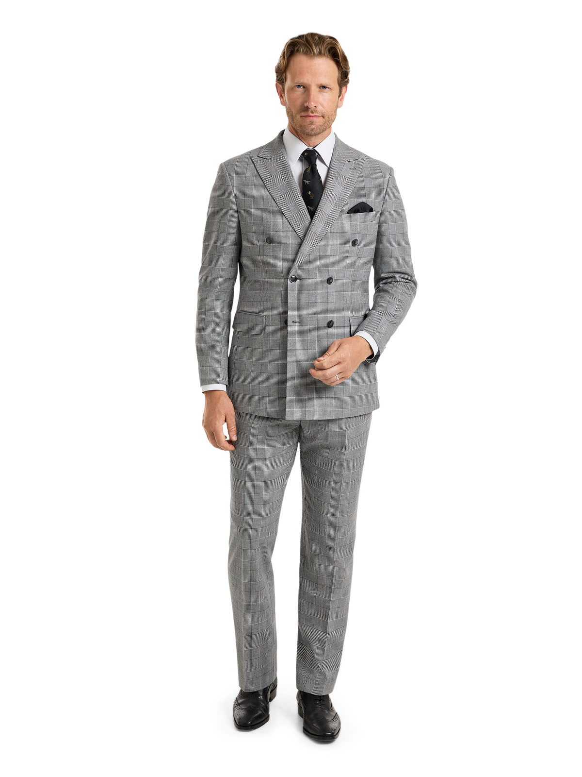 Plaid Houndstooth Double Breasted Peak Lapel Suit Jacket - Black/white