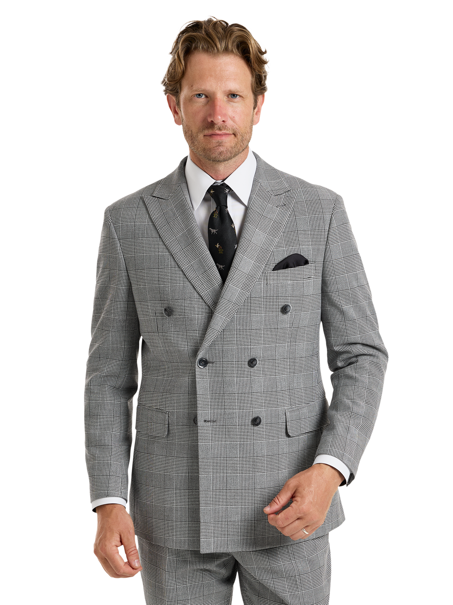Plaid Houndstooth Double Breasted Peak Lapel Suit Jacket - Black/white