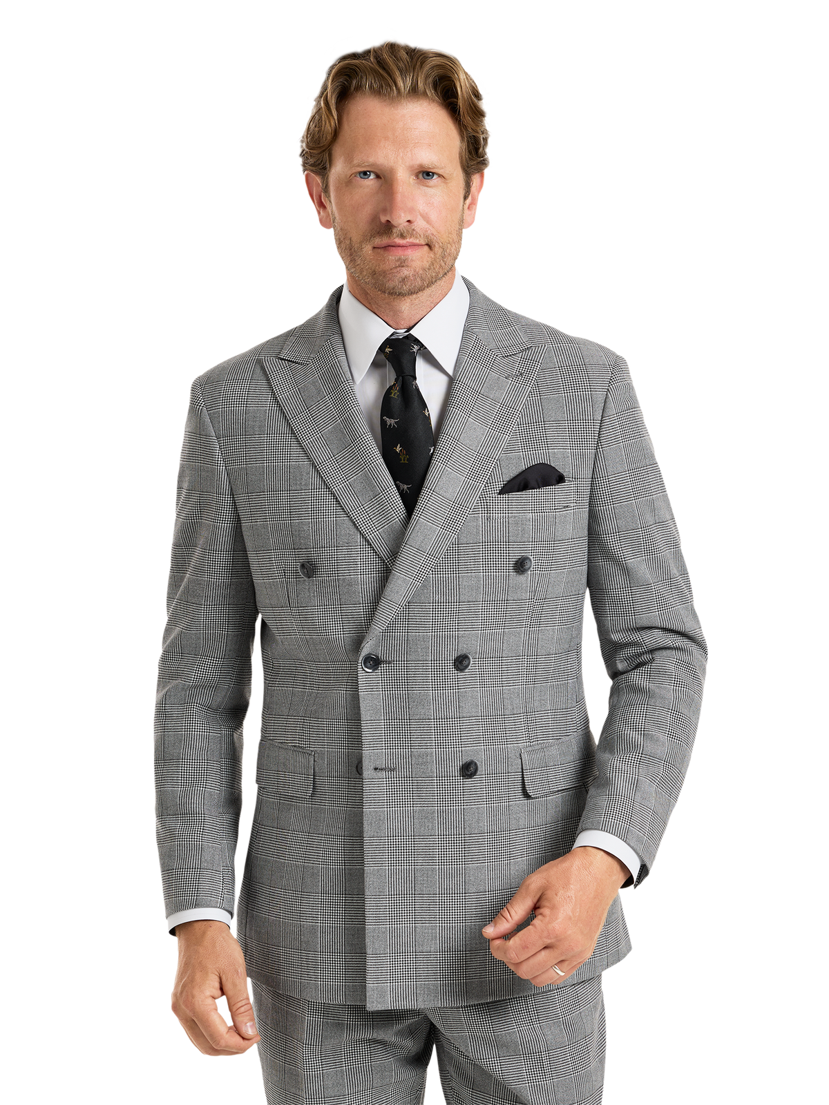 Plaid Houndstooth Double Breasted Peak Lapel Suit Jacket - Black/white