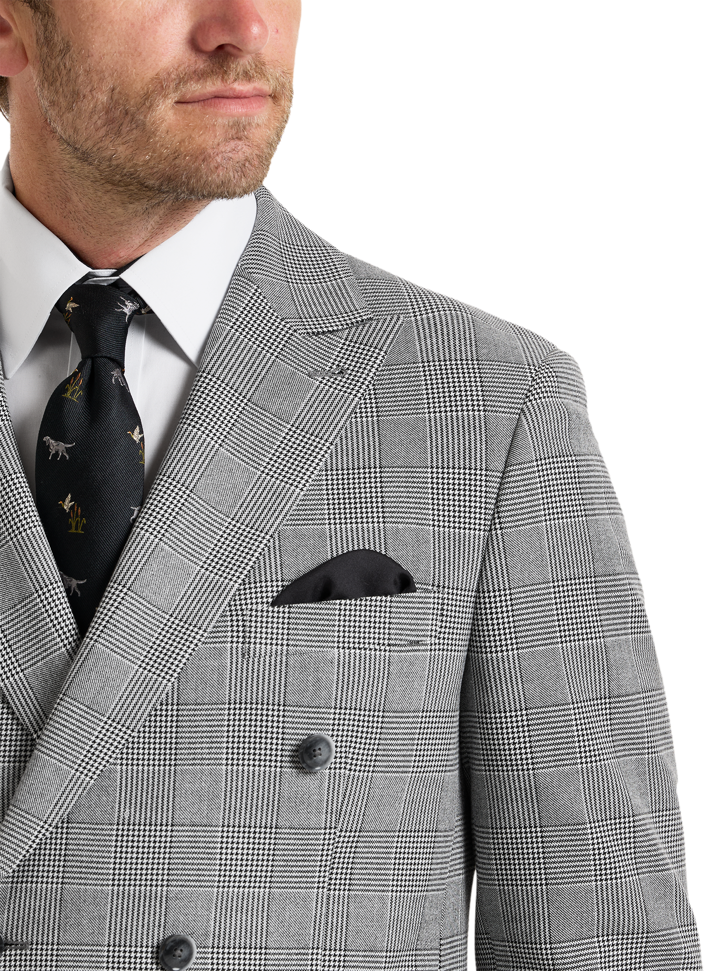 Plaid Houndstooth Double Breasted Peak Lapel Suit Jacket - Black/white