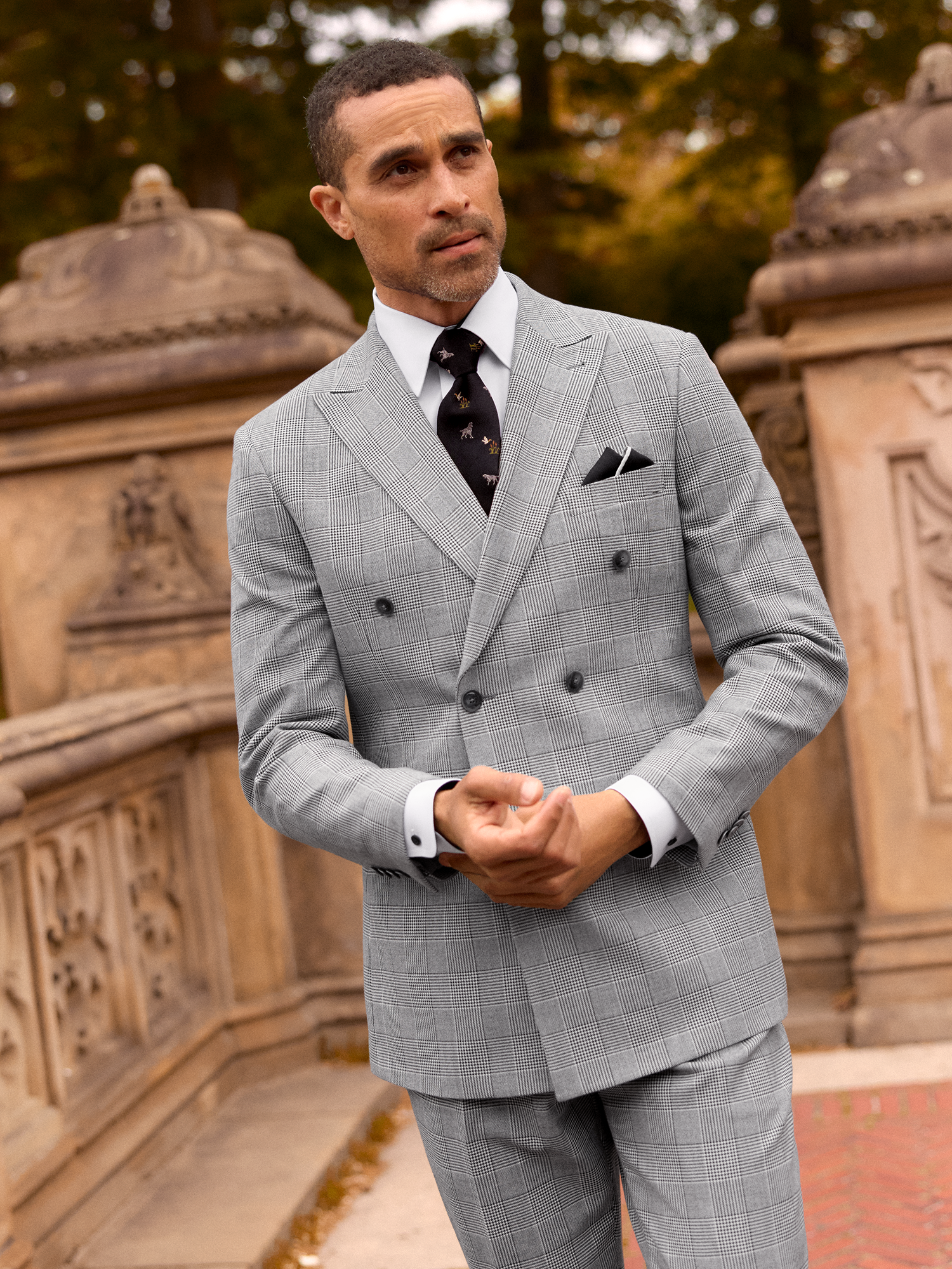 Plaid Houndstooth Double Breasted Peak Lapel Suit Jacket - Black/white