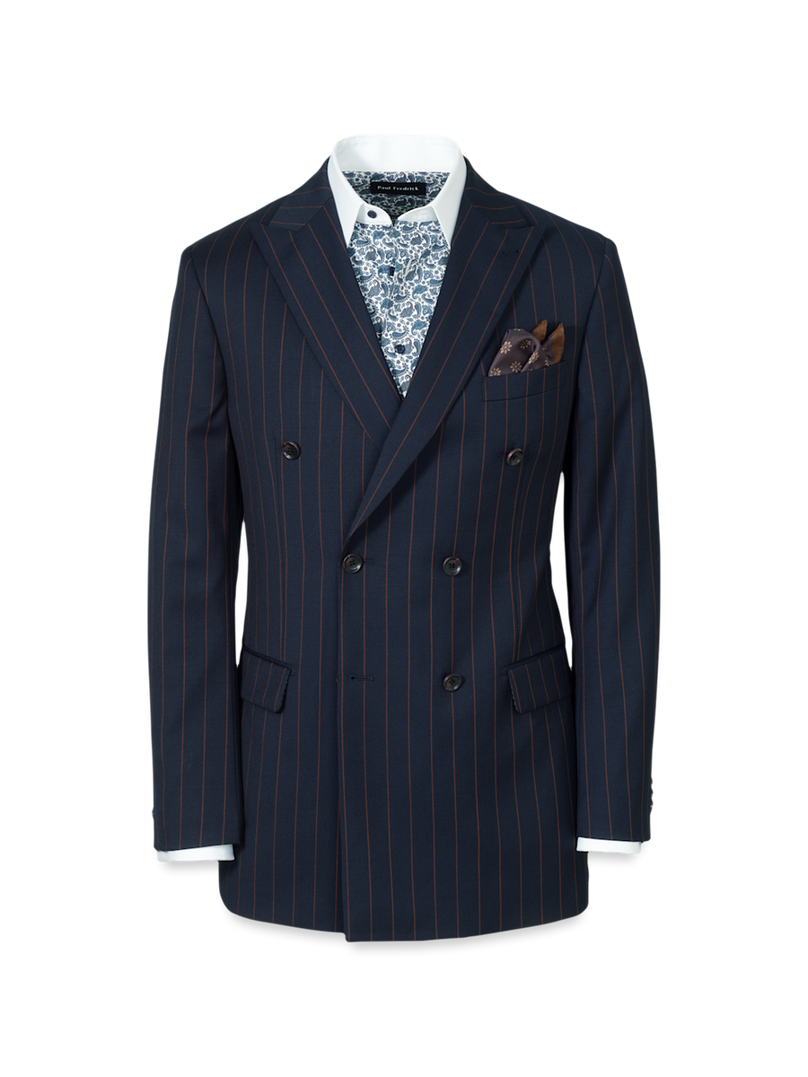 Navy/Brown Wool Stripe Double Breasted Peak Lapel Suit Jacket