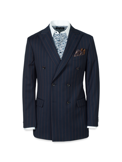 Navy/Brown Wool Stripe Double Breasted Peak Lapel Suit Jacket