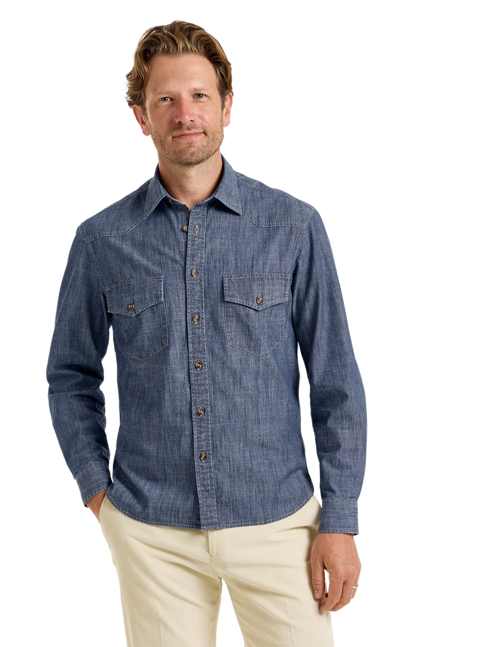 Alternate Shot of Men's Denim Blue Plaid Solid Shirts  - 1