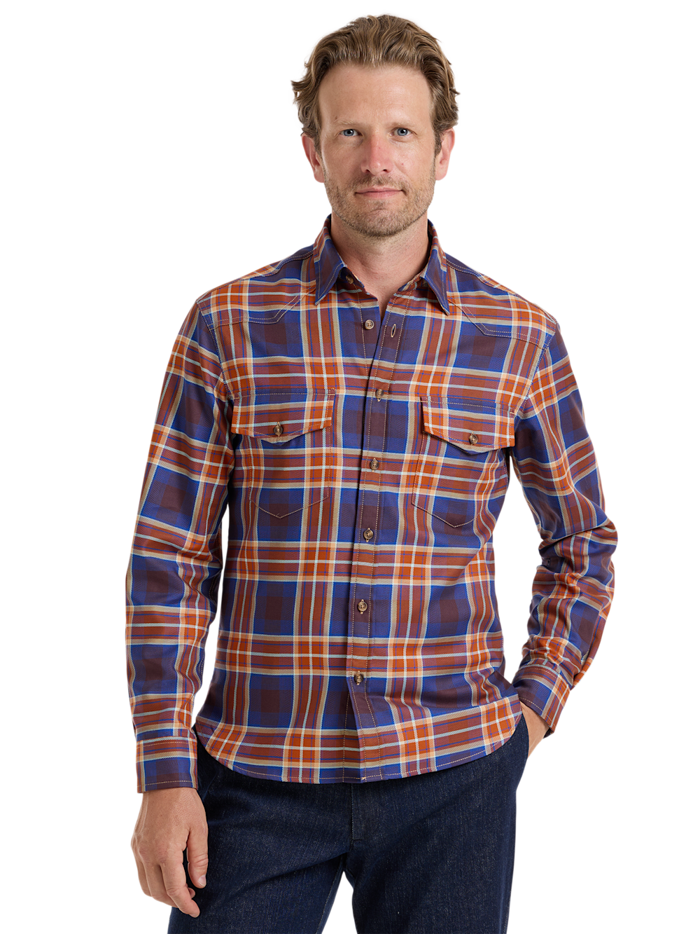 Alternate Shot of Men's Rust/blue Plaid Shirts  - 1