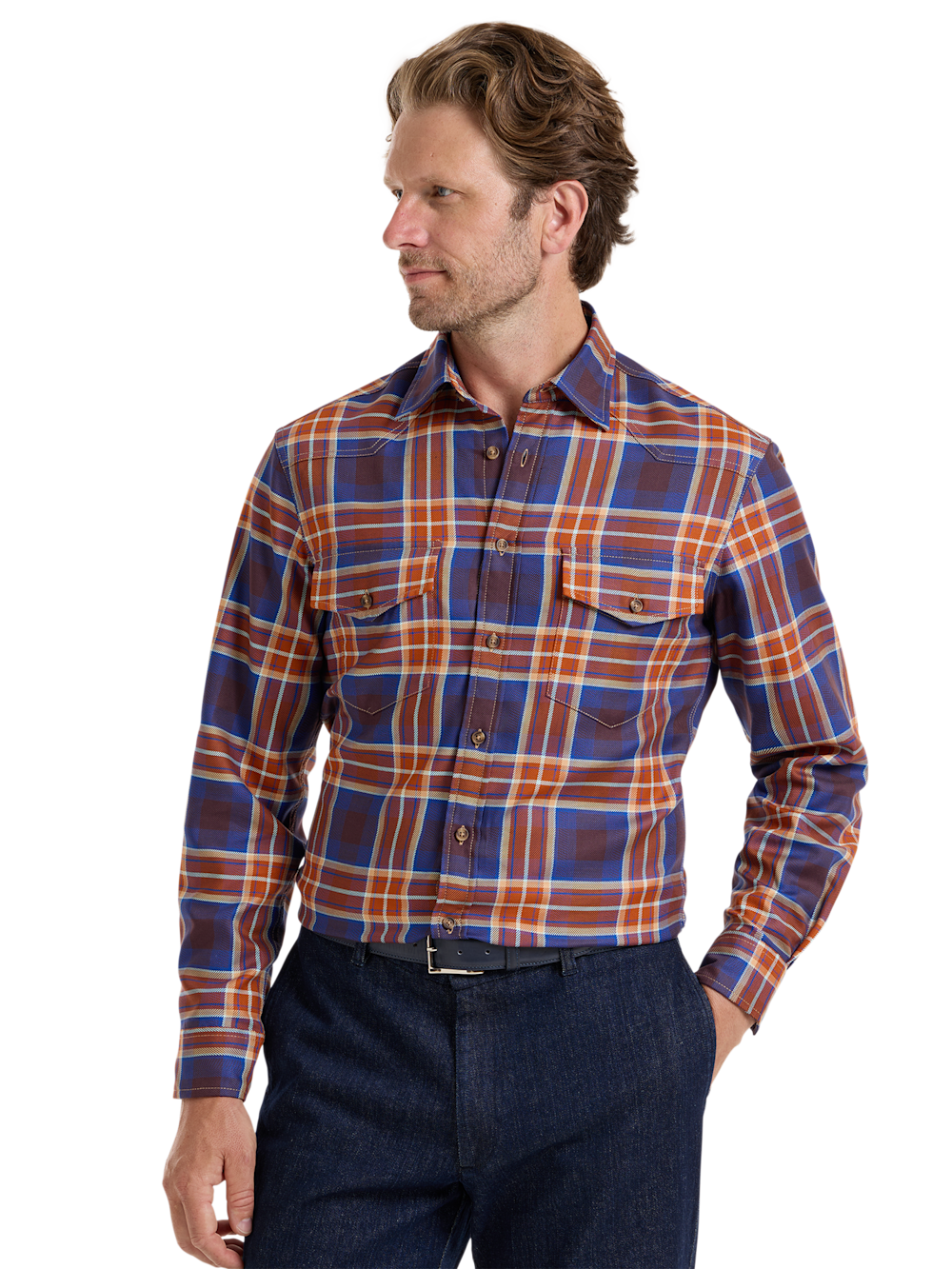 Alternate Shot of Men's Rust/blue Plaid Shirts  - 2