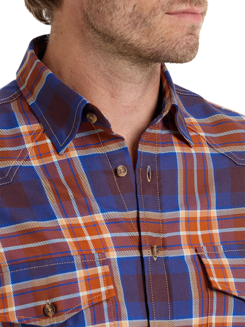 Alternate Shot of Men's Rust/blue Plaid Shirts  - 3