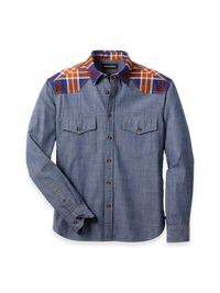 Cotton Mixed Media Spread Collar Casual Shirt - Denim Blue Plaid