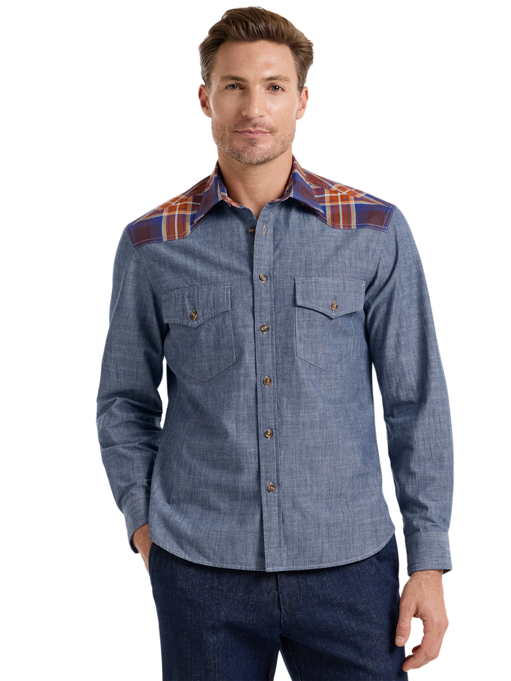 Alternate Shot of Men's Denim Blue Plaid Patchwork Shirts  - 1