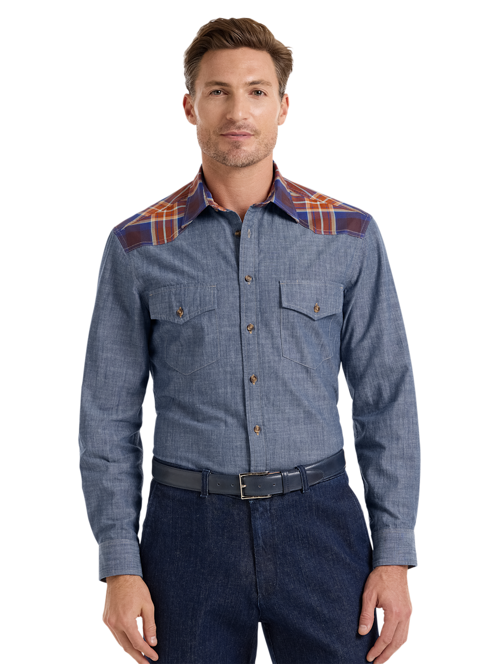Alternate Shot of Men's Denim Blue Plaid Patchwork Shirts  - 2
