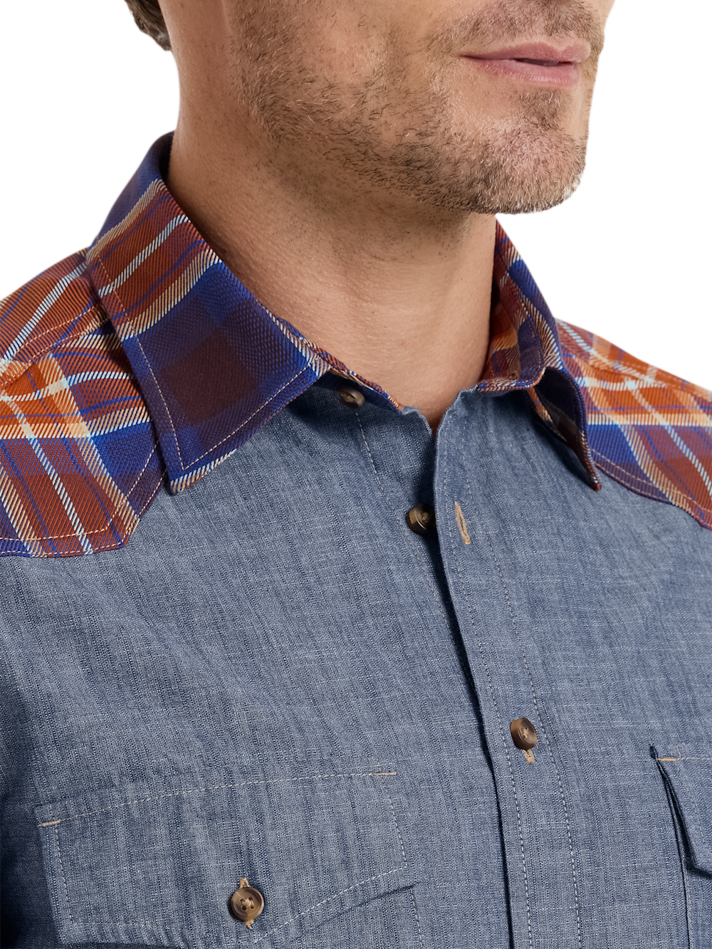 Alternate Shot of Men's Denim Blue Plaid Patchwork Shirts  - 3
