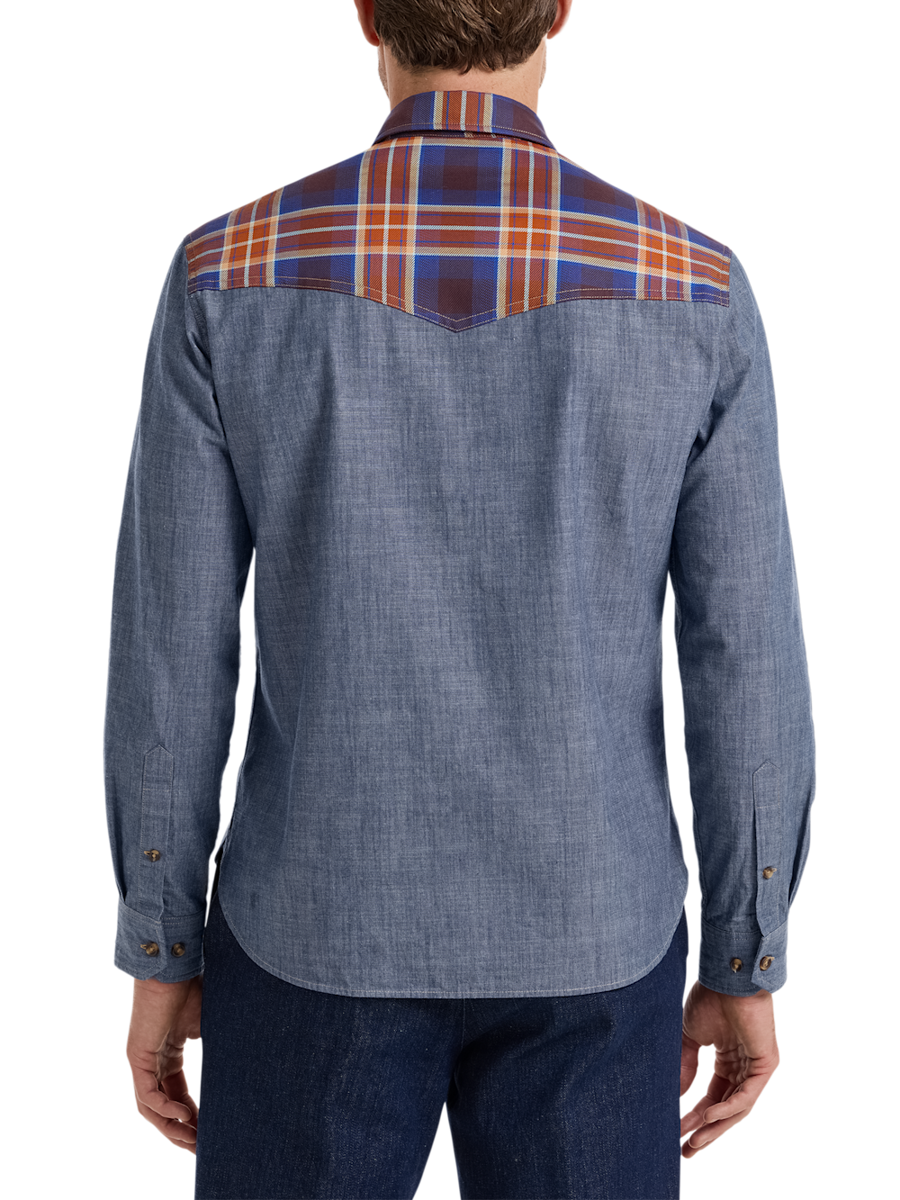 Alternate Shot of Men's Denim Blue Plaid Patchwork Shirts  - 5