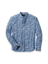 Cotton Denim Botanical Band Collar Casual Shirt - Denim Blue Plaid