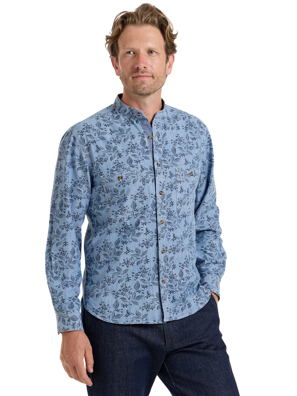 Alternate Shot of Men's Denim Blue Plaid Botanical Shirts  - 1