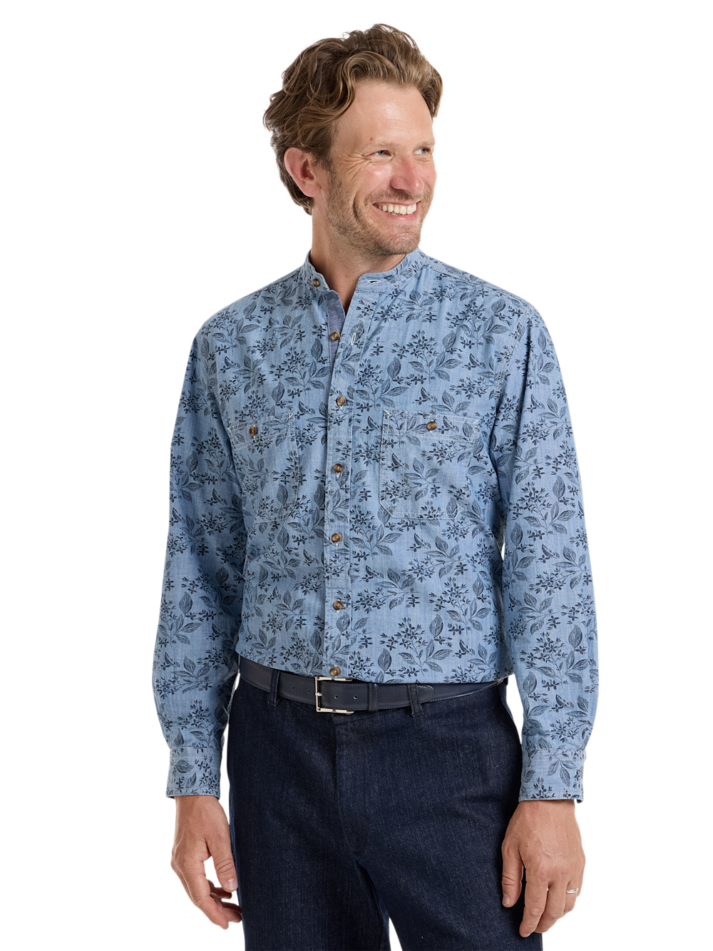 Alternate Shot of Men's Denim Blue Plaid Botanical Shirts  - 2