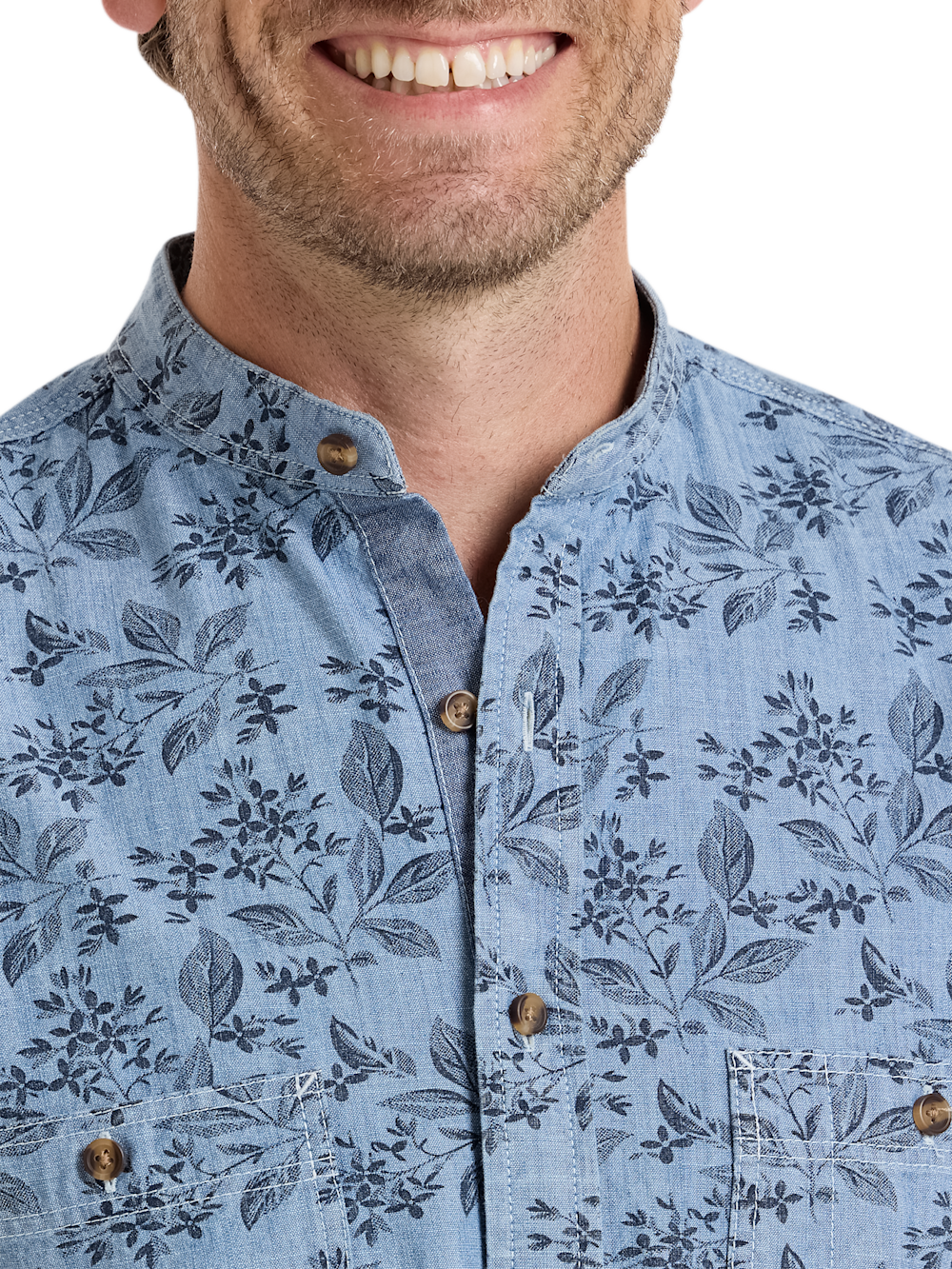 Alternate Shot of Men's Denim Blue Plaid Botanical Shirts  - 3