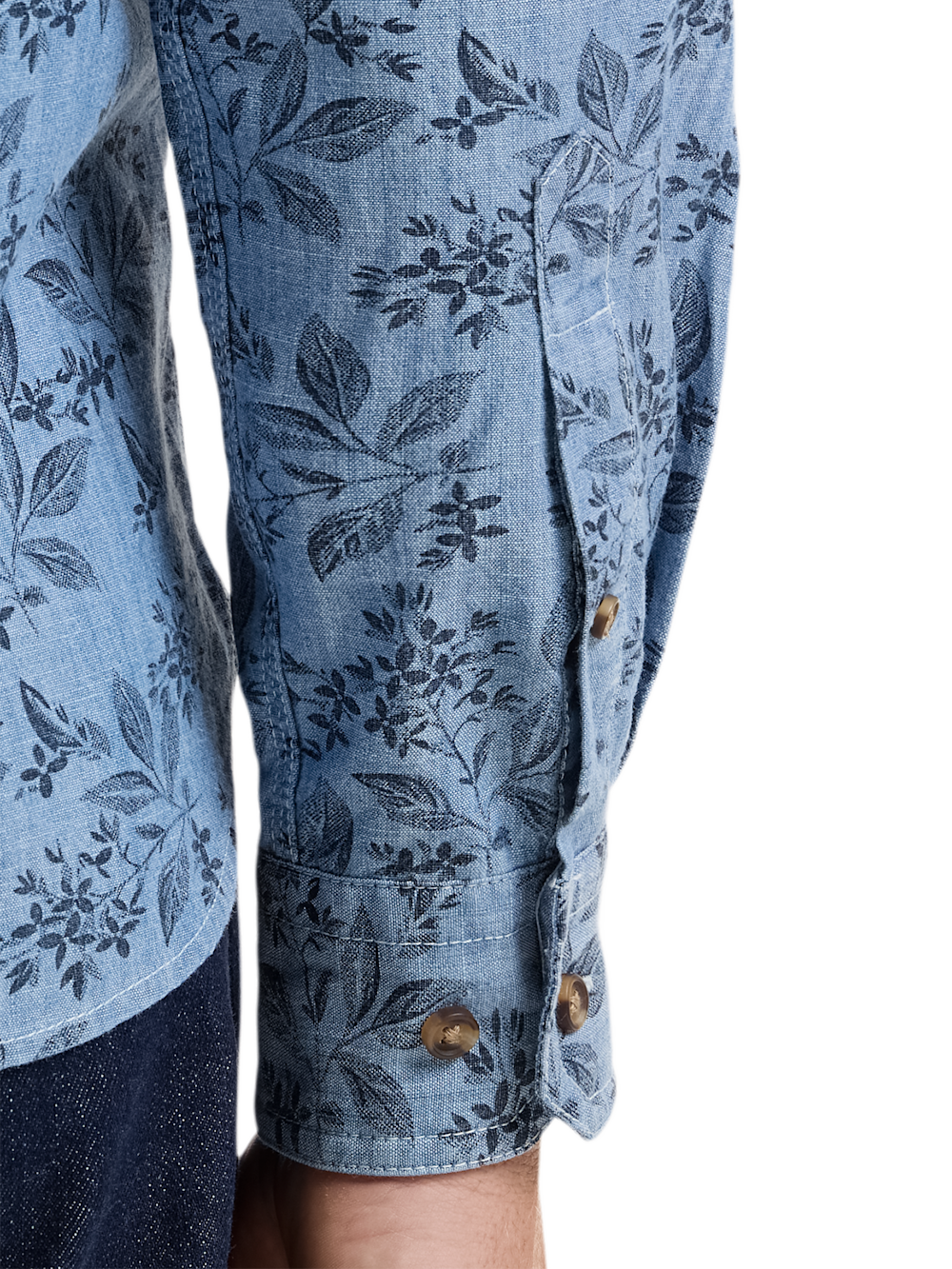 Alternate Shot of Men's Denim Blue Plaid Botanical Shirts  - 4