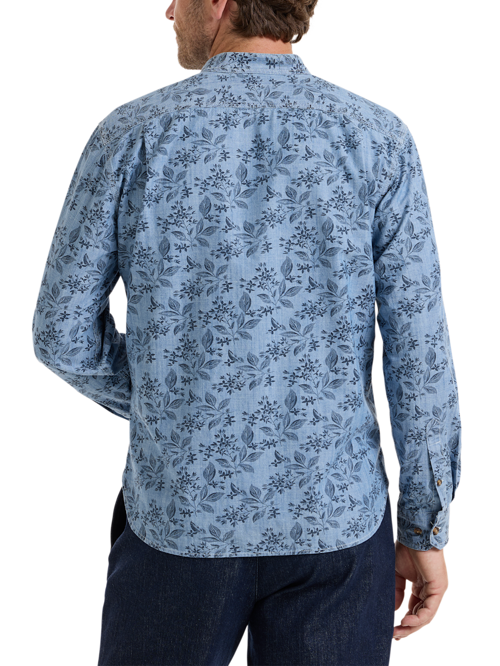 Alternate Shot of Men's Denim Blue Plaid Botanical Shirts  - 5