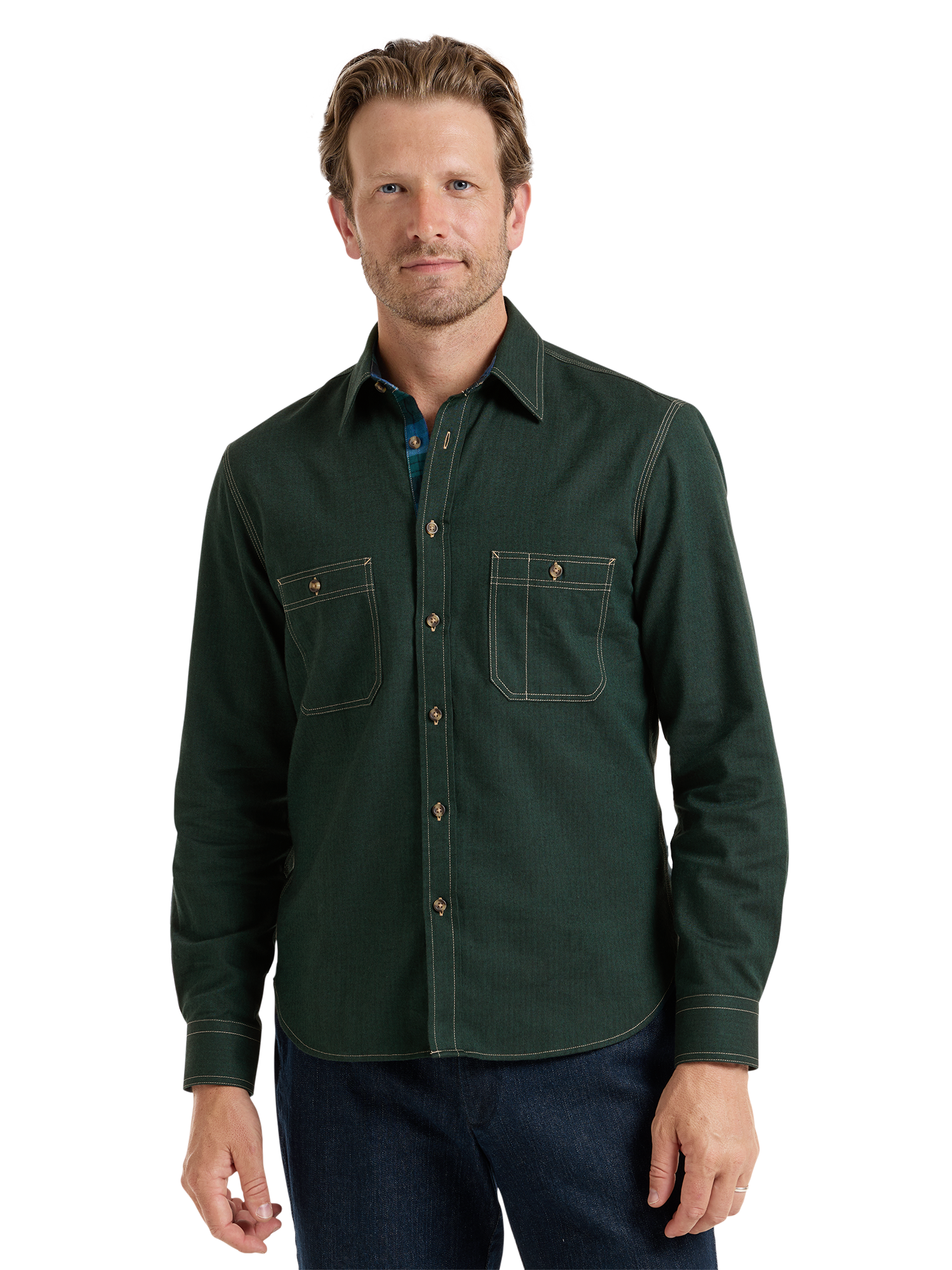 Cotton Solid Herringbone Utility Shirt - Green