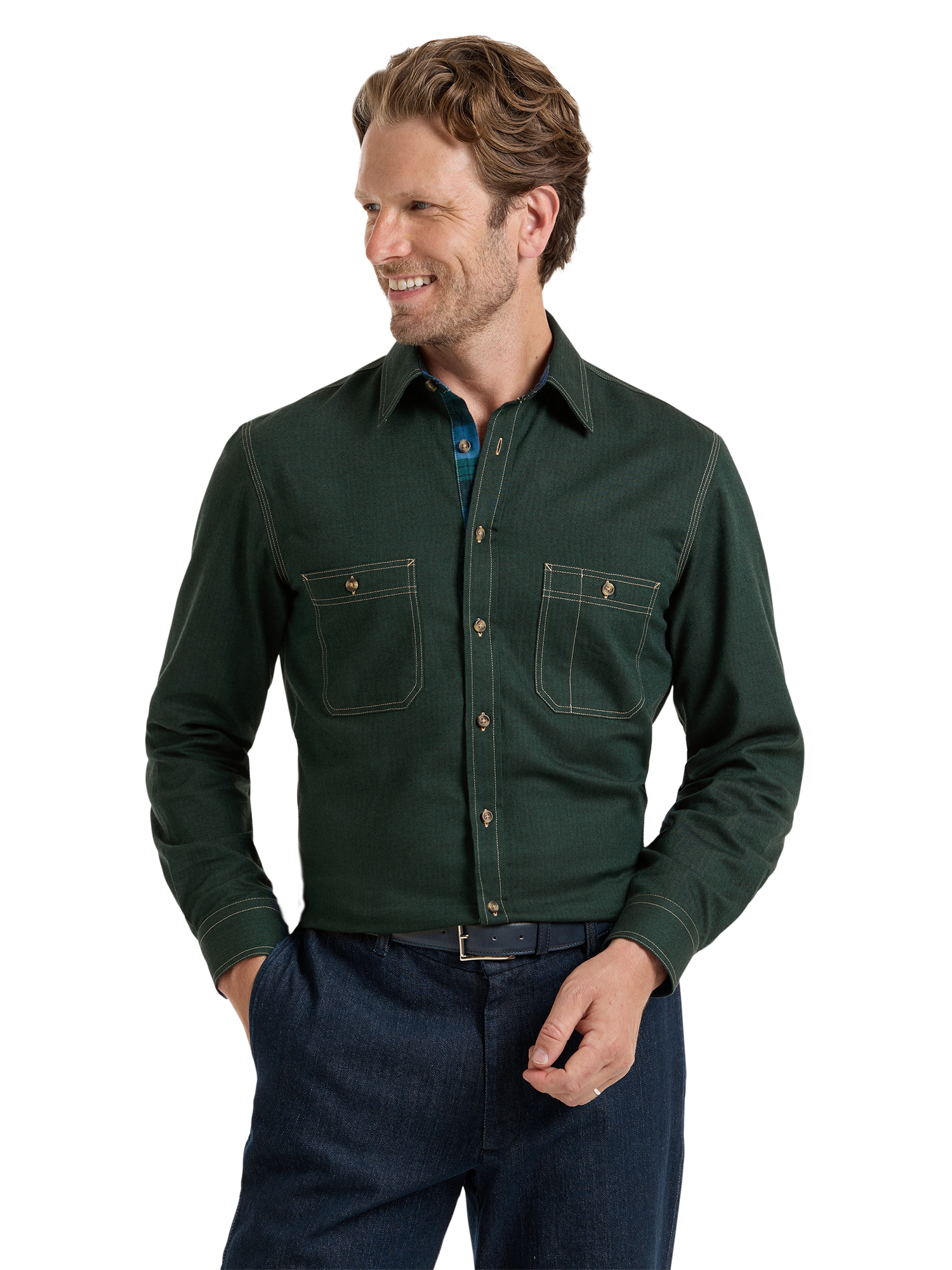 Cotton Solid Herringbone Utility Shirt - Green