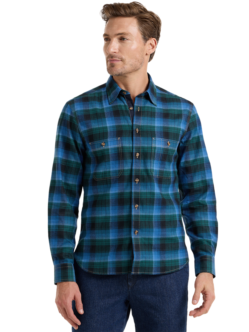 Alternate Shot of Men's Green/Blue Plaid Shirts  - 1