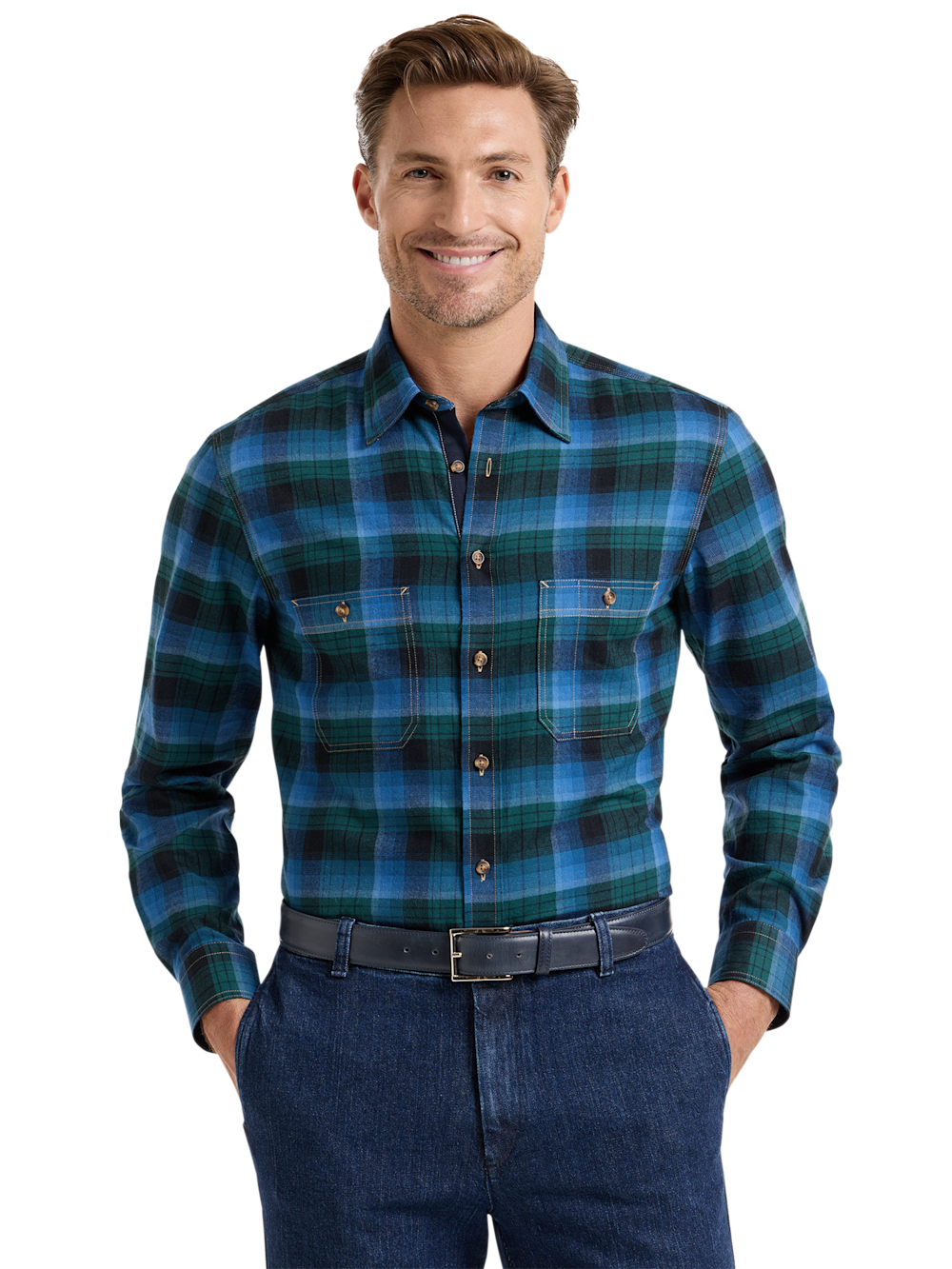 Alternate Shot of Men's Green/Blue Plaid Shirts  - 2