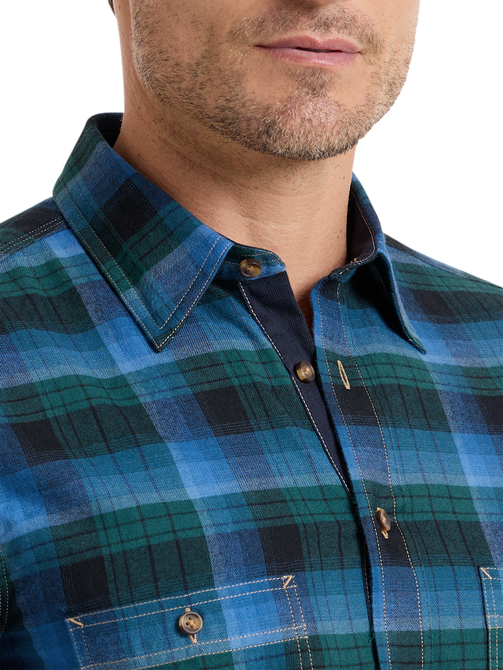 Alternate Shot of Men's Green/Blue Plaid Shirts  - 3