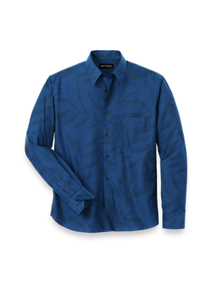 Cotton Leaf Jacquard Casual Shirt - Blue