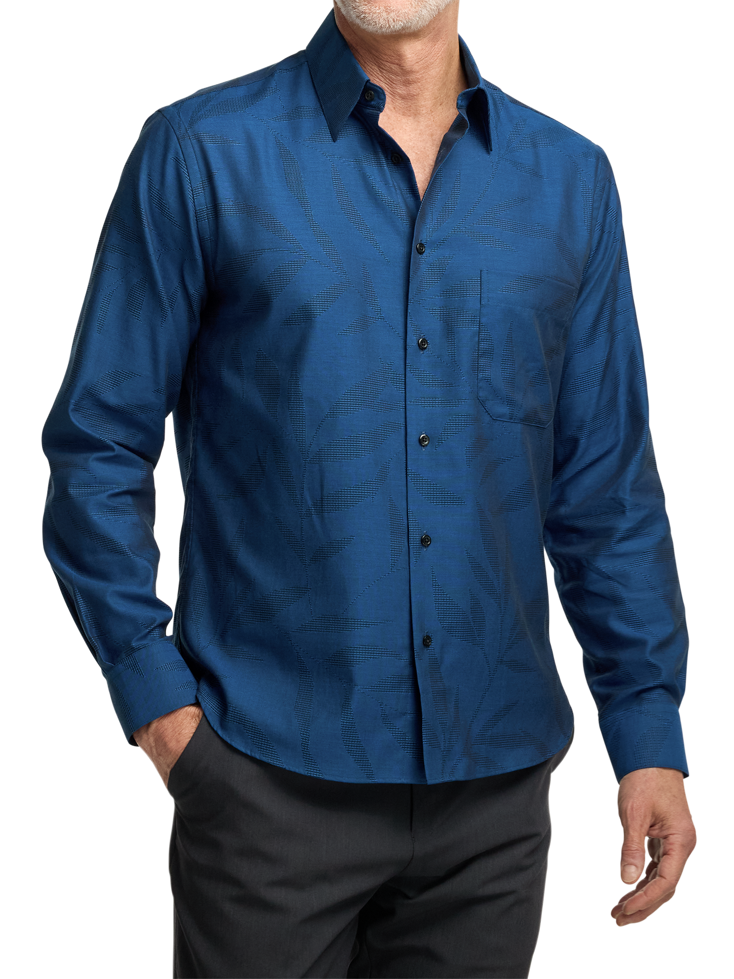 Cotton Leaf Jacquard Casual Shirt - Blue