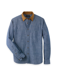 Cotton Denim Solid Point Microsuede Collar Casual Shirt - Denim Blue