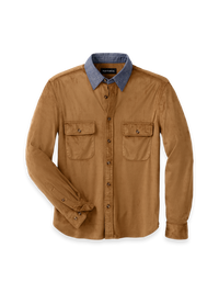 Microsuede Solid Point Collar Casual Shirt With Denim Collar - British Tan