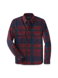 Cotton Corduroy Plaid Point Collar Casual Shirt - Burgundy Multi
