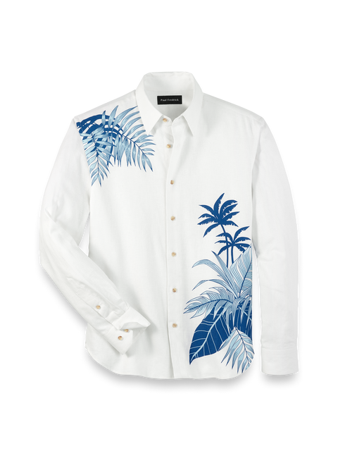 Linen Blend Botanical Print Casual Shirt - White – Paul Fredrick