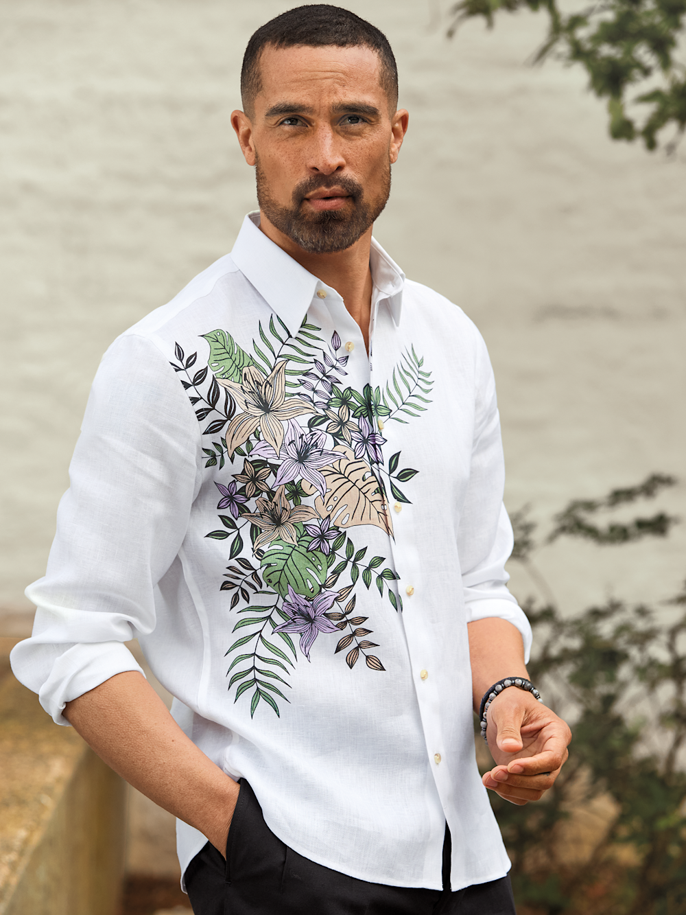 Linen Blend Print Panel Casual Shirt - Multi - Classic Fit / Small Linen Blend Print Panel Casual Shirt - Multi - Classic Fit / Small