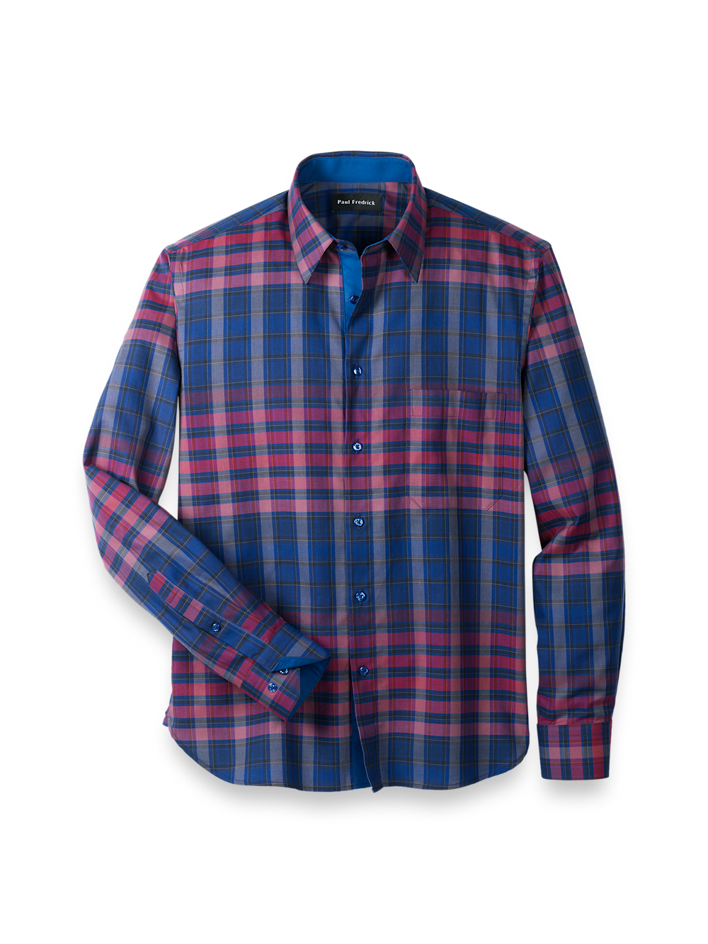 Product Image of Cotton Plaid Point Collar Casual Shirt-Blue/Burgundy