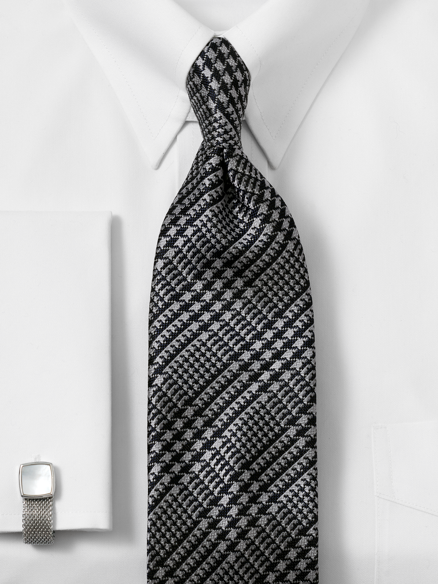 Houndstooth Plaid Woven Silk Tie - Black/grey