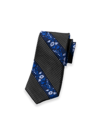 Stripe/Floral Woven Silk Tie - Black/blue
