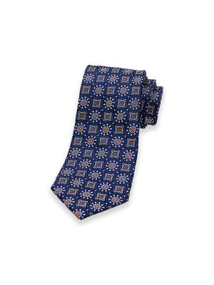 Medallion Woven Silk Tie - Navy/rust