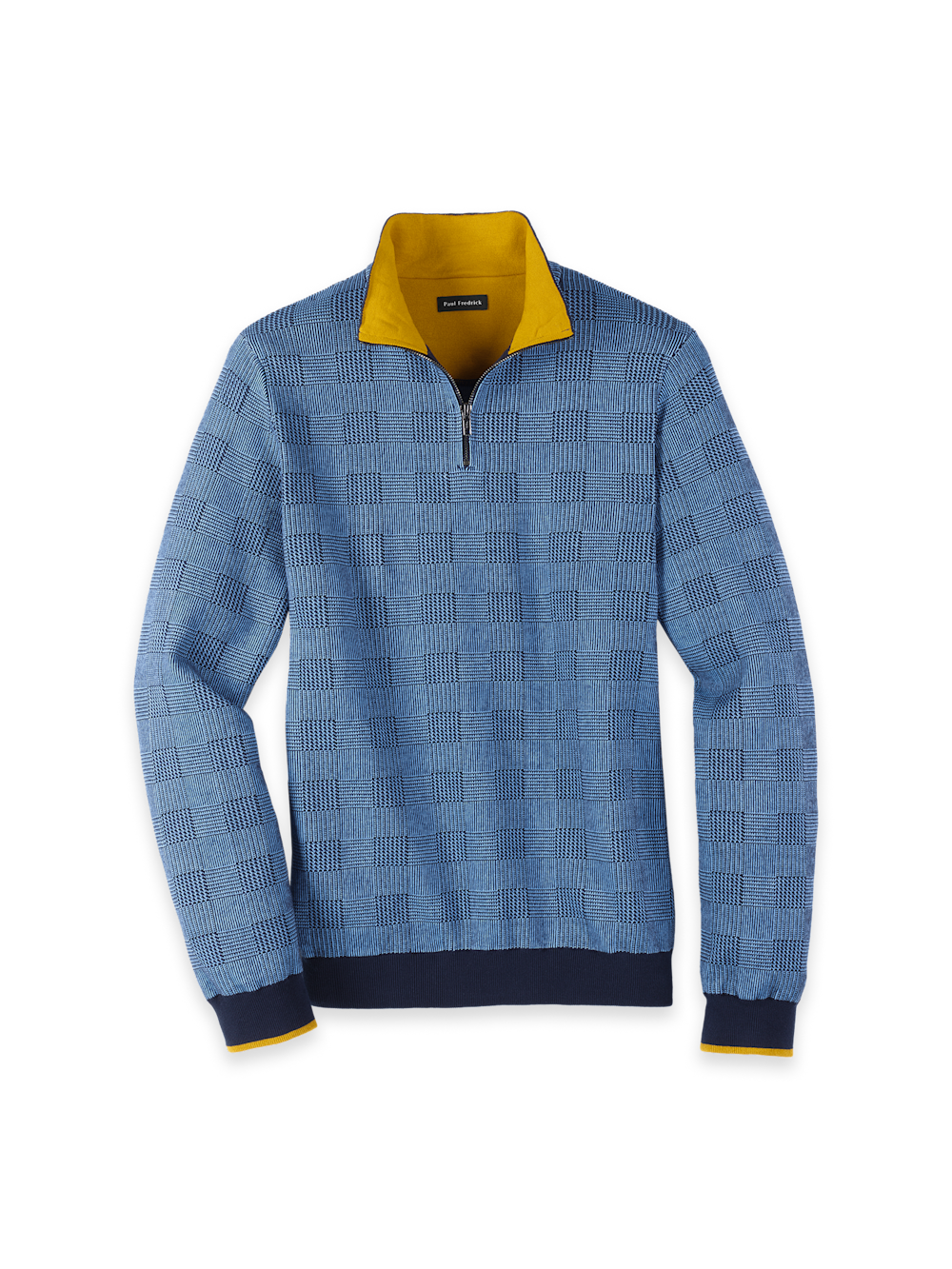 Product Image of Cotton Quarter Zip Mock Neck Sweater-Blue/Gold
