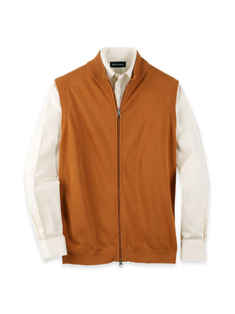 Cotton Full Zip Mock Neck Vest - Cognac – Paul Fredrick