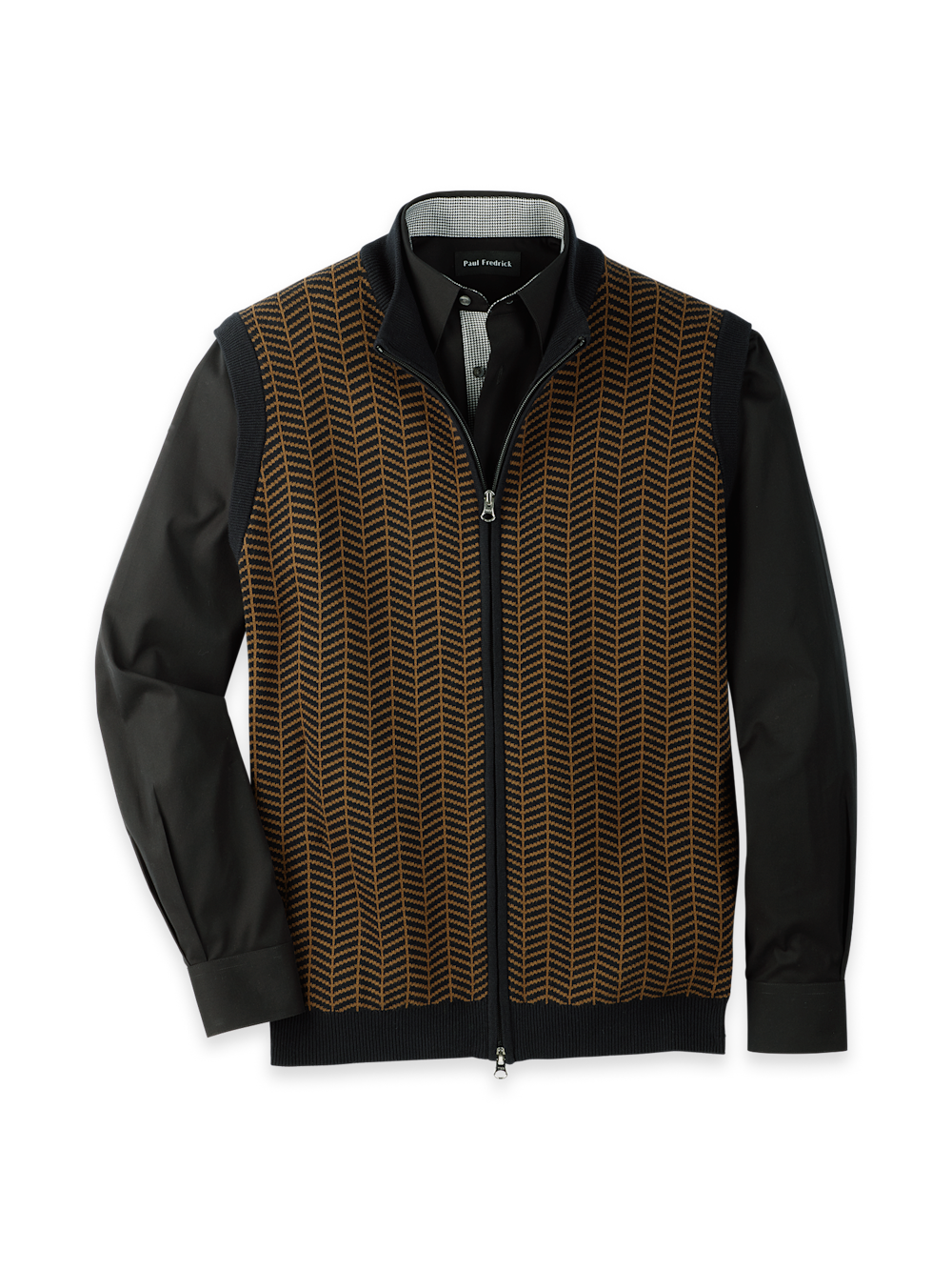 Product Image of Cotton Full Zip Mock Neck Vest-Brown/Black