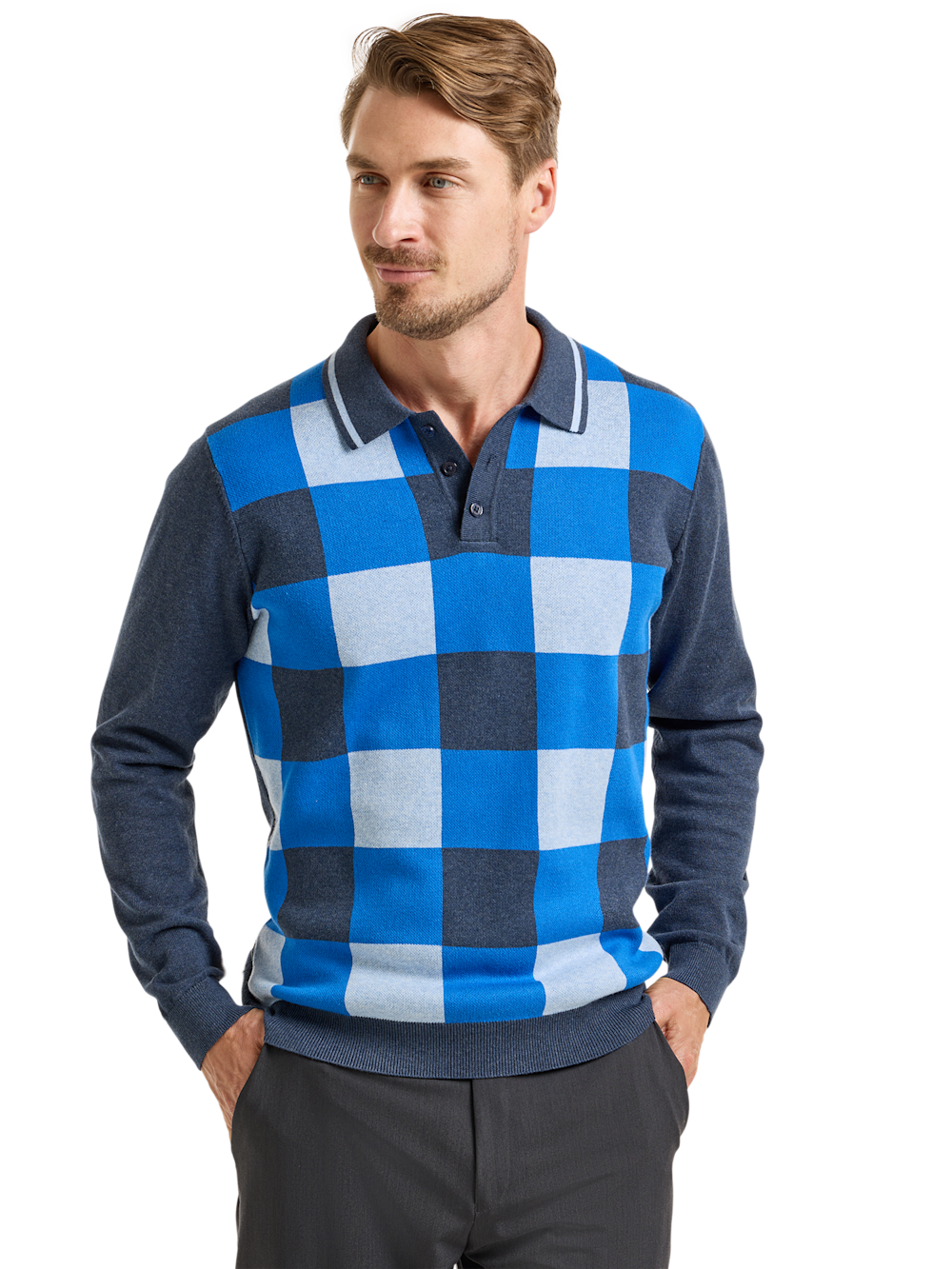 Alternate Shot of Men's Navy Check Knitwear  - 1