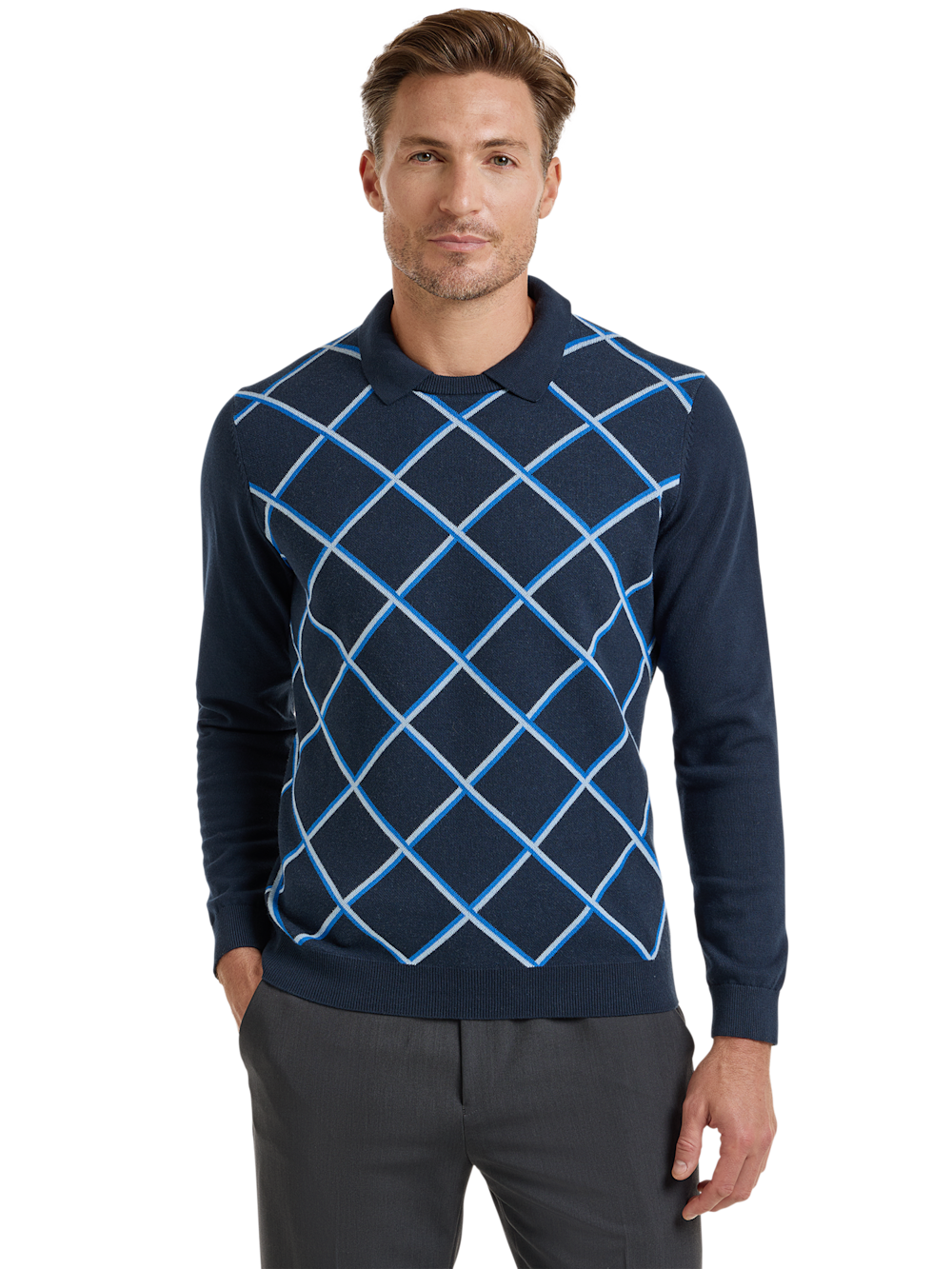 Alternate Shot of Men's Navy Windowpane Knitwear  - 1