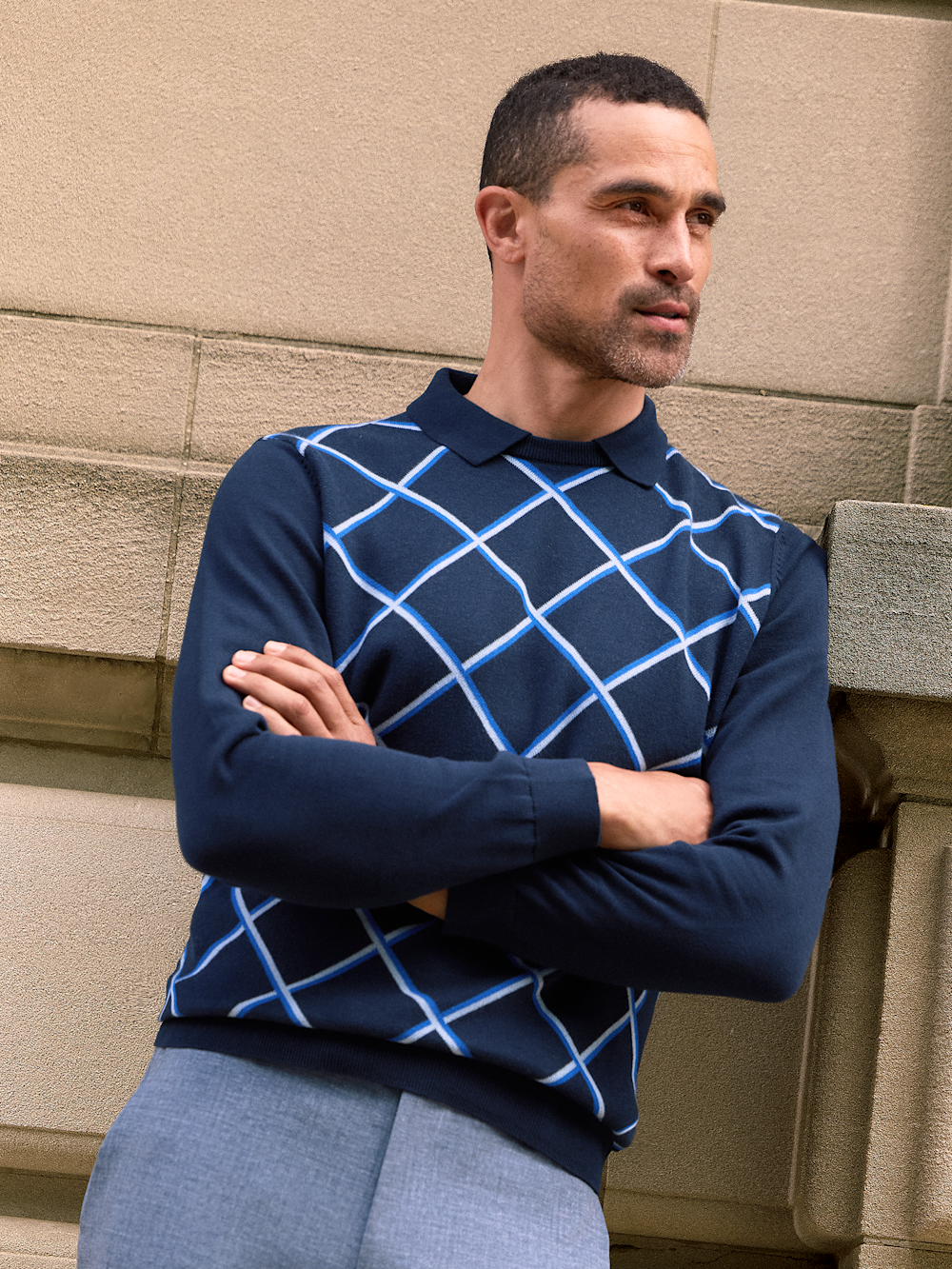 Alternate Shot of Men's Navy Windowpane Knitwear  - 4